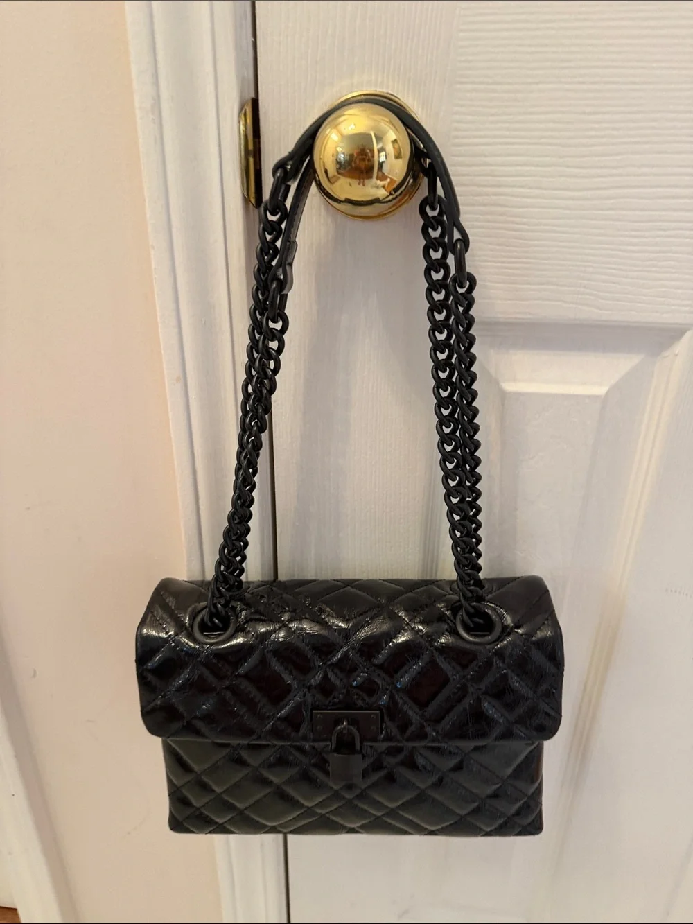 Kurt Geiger Black Quilted Patent Shoulder Bag with Chain Strap